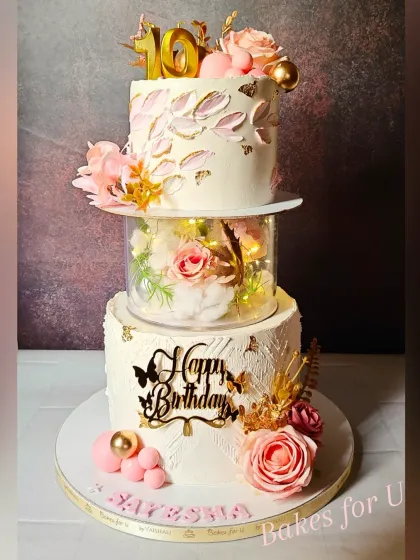 A grand two-tier version of the 10th birthday cake, with an illuminated separator tier filled with flowers. This design elevates the celebration to another level.