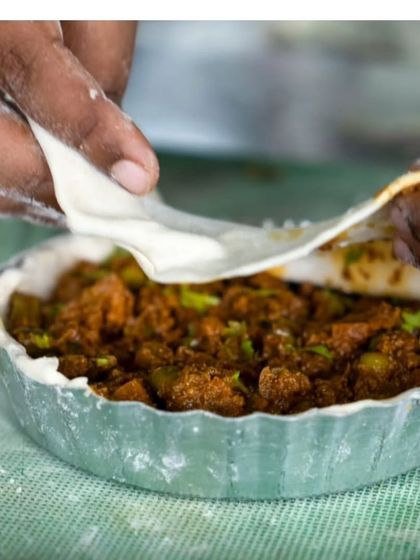 The prep for my Kolhapuri Chicken Pie, which was featured in a friendly face-off against a Goan croquette in Mid-Day. It's all about hearty pub food!
