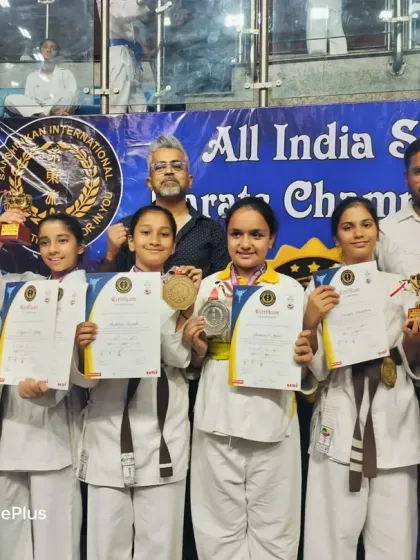 We are incredibly proud of our young champions. This photo captures a group of our dedicated female students after the All India Sanshinkan Karate Championship, proudly displaying the medals, trophies, and certificates they earned through discipline and perseverance.