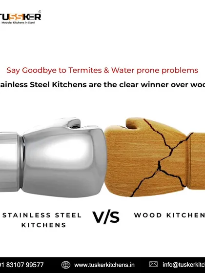 The choice is clear when it comes to durability. This visual shows why our stainless steel kitchens are the definitive winner over traditional wood, which is prone to water damage and termite attacks. We offer a permanent solution to these common problems.