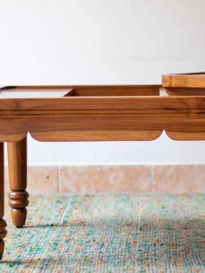 A detailed look at the Mysore Inlay Collection. These images highlight the functional aspects, such as the detachable bench on the bookshelf and the removable tray on the center table, alongside the exquisite craftsmanship.