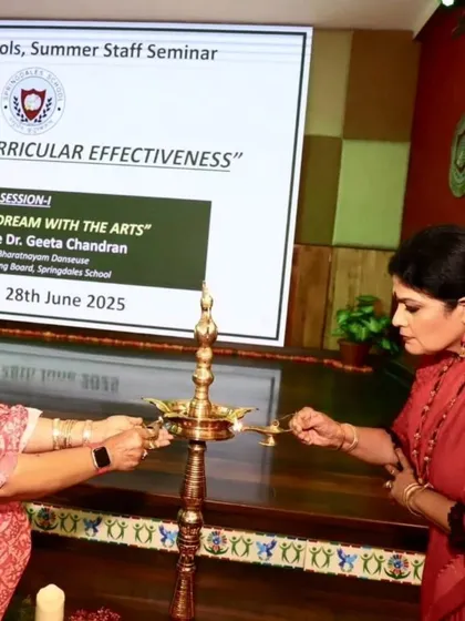 Lighting the ceremonial lamp to inaugurate the Annual Summer Staff Seminar at Springdales School. I delivered the keynote address on "Learning to Dream with the Arts" to over 250 teachers.
