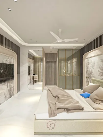 A render showing both the bed and the TV wall, which features the same nature-themed wallpaper for a cohesive and immersive design.