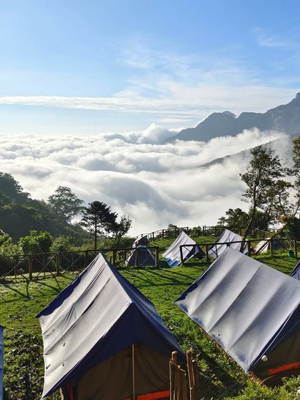 A clear day at the campsite, showing the tents pitched on the green grass high above the clouds.
