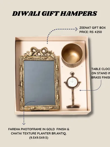 Gifting is an art, and I love putting together hampers that feel personal and luxurious. This Zeenat gift box is a perfect example, combining a vintage-style photo frame, a small brass planter, and a unique table clock. It's a thoughtful present for Diwali, housewarmings, or any special occasion.