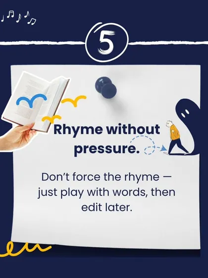 Tip #5 for songwriting: Rhyme without pressure. Just play with words first and edit them later. Don't let the fear of perfection stop you.