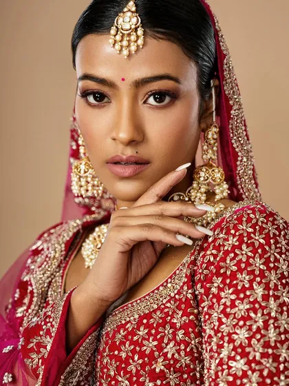 I believe in celebrating every bride's unique beauty. This look showcases a warm, glowing complexion on a deeper skin tone, with shimmering gold on the eyes and a strong pose that radiates confidence.