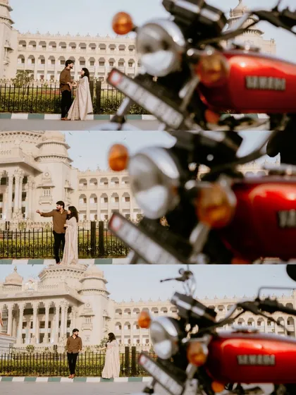 A creative shot using a vintage motorcycle in the foreground to frame the couple against the backdrop of Vidhana Soudha in Bangalore.