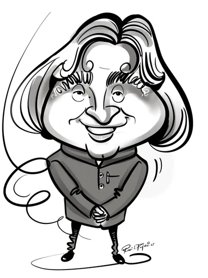 A black and white caricature tribute to Dr. APJ Abdul Kalam. This style focuses on shading and bold lines to create a classic, impactful portrait that highlights the subject's distinct features and warm personality.