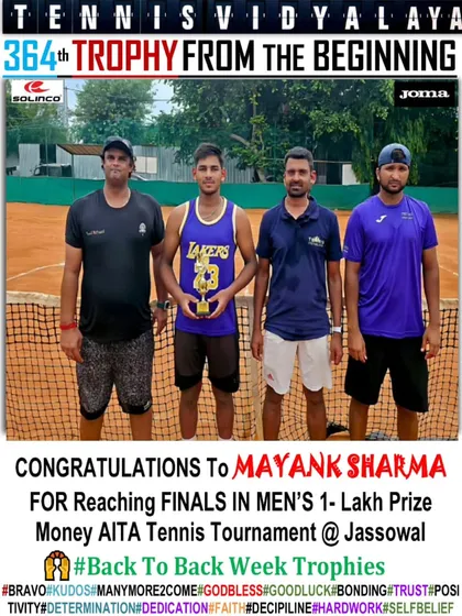 Congratulations to Mayank Sharma for reaching the finals in the Men's 1-Lakh Prize Money AITA Tennis Tournament, securing back-to-back weekly trophies.