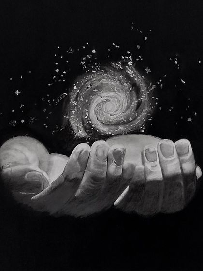 A close-up of the "Space" drawing. The challenge was creating the glowing, swirling effect of the galaxy using only graphite and charcoal.