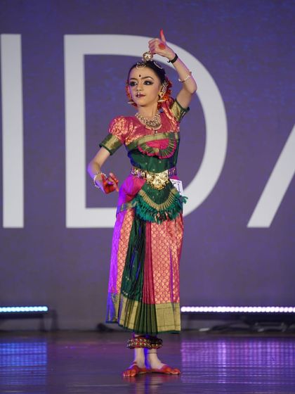 One of our talented sub-junior students in a classic Bharatanatyam pose. Her dedication was rewarded with a 1st place win at the competition.