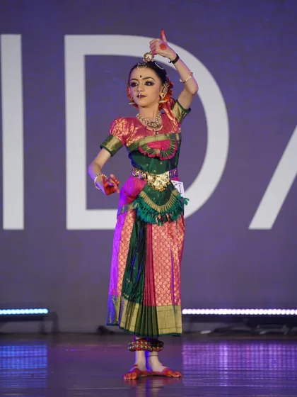 One of our talented sub-junior students in a classic Bharatanatyam pose. Her dedication was rewarded with a 1st place win at the competition.