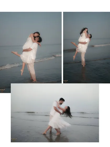 A collage of romantic moments from a pre-wedding beach shoot. The couple's playful lifts and dips in the ocean waves showcase a fun, carefree connection, captured with a soft and dreamy aesthetic.