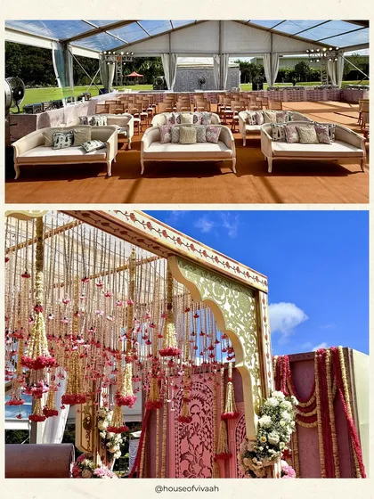 A glimpse of the blush pink and gold mandap with its intricate floral ceiling and elegant guest seating, showcasing a grand yet graceful wedding setup.
