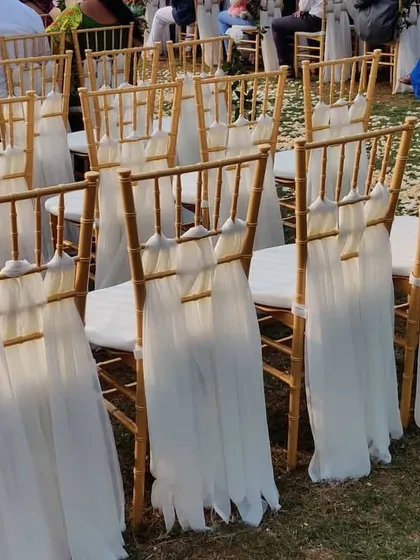 Another view of the beautifully decorated Chiavari chairs. The delicate white fabric tied to the back adds a soft, romantic feel to the ceremony seating.
