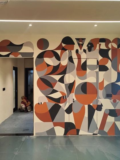 The full view of the geometric mural, demonstrating how it can transform a simple hallway into an art experience.