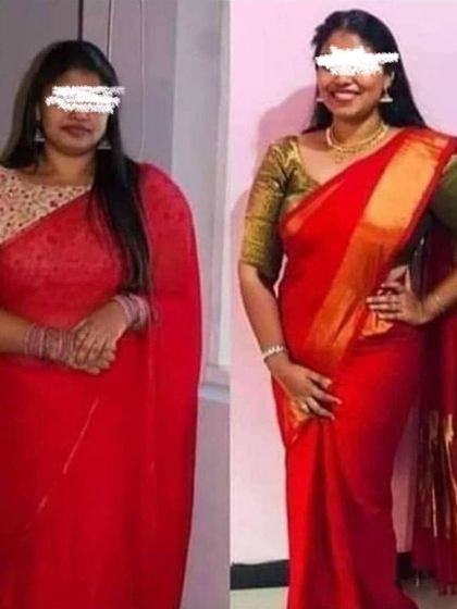 This before and after picture shows a significant and healthy weight loss journey. Her smile in the after photo says everything about how she feels.