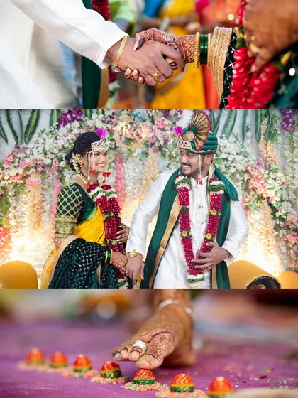 A collage of symbolic moments from a Marathi wedding, including the handshake of union and the Saptapadi ritual.