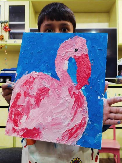 Whoa. The end result of Shlok's texture painting class using palette knives. This flamingo piece is all about bold textures and vibrant color.