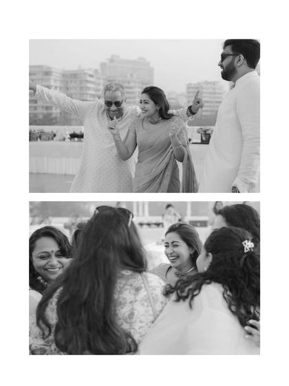 A collage of candid black and white moments from a Haldi ceremony, capturing the genuine laughter and interactions between guests.