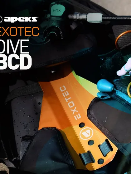 A close-up on the Apeks Exotec BCD's BioReact waist and Wrapture harness system. This innovative design allows the cylinder weight to be distributed evenly on your hips, enabling you to walk upright comfortably out of the water.