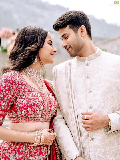 A beautiful moment between Punya and Teju at their engagement. This candid shot shows how my makeup looks flawless not just in portraits, but also in the cherished, unscripted moments of your celebration.