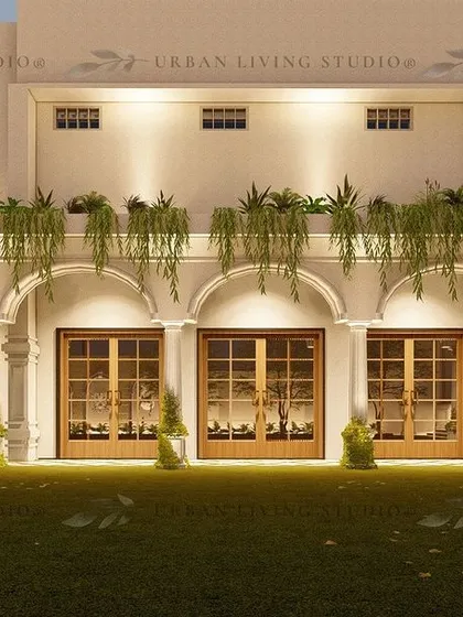 This design concept for a neo-classical building facade showcases timeless luxury. The grand arches, hanging greenery, and classic lampposts create an aesthetic of enduring elegance and sophistication.