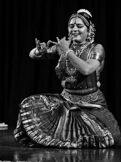 A black and white capture from my performance "Moham". Even in stillness, the dance speaks. This image shows a moment of deep expression, where every gesture tells a part of the story.