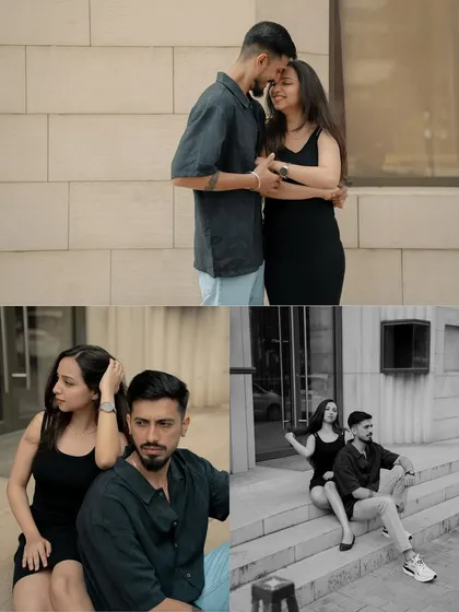 A collage from a modern city shoot, showcasing a variety of poses and moods. I provide a mix of full-length shots, seated portraits, and romantic embraces, including both color and black and white edits.