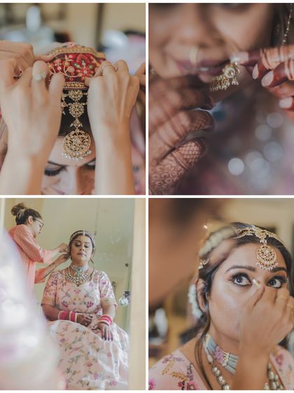 A collage of getting ready moments, from adjusting the matha patti to the final touches on the makeup. It tells the story of the bride's transformation.