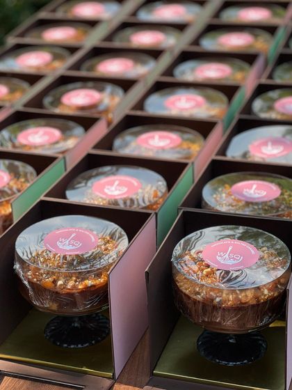 A large order of our Chocolate & Salted Caramel Trifles, packaged and ready for delivery as event favours.