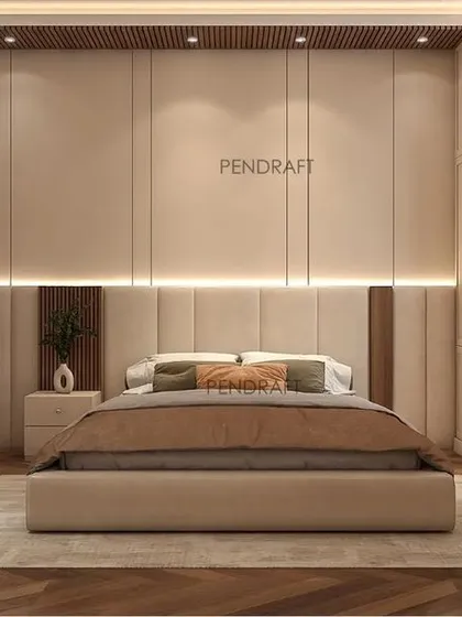 We designed this bedroom concept using a warm, earthy color palette. The wall-to-wall headboard features integrated backlighting and wood accents, creating a cozy and inviting feel.