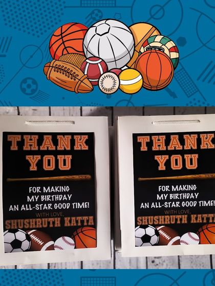 The custom paper bags for the sports-themed party, thanking guests for making it an "all-star good time."