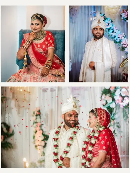 This collage captures individual portraits of the bride and groom, along with a beautiful moment from their varmala ceremony. It's a perfect summary of the key players and moments.