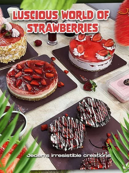 A showcase of our luscious world of strawberries. This image features a variety of our strawberry creations, from cheesecakes and tarts to almond-crusted cakes, all celebrating the fresh flavor of the berry.