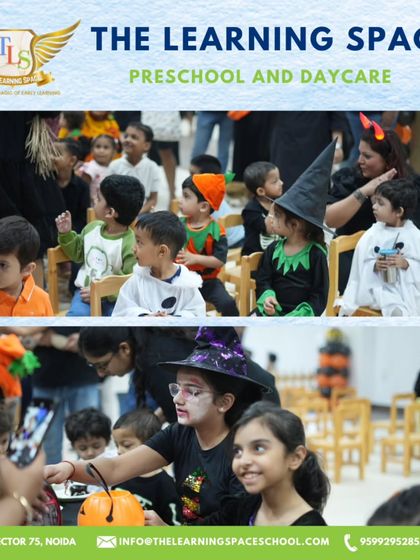 A classroom full of little monsters and ghosts listening intently. Our Halloween workshop balances high-energy fun with moments of focused learning and storytelling.