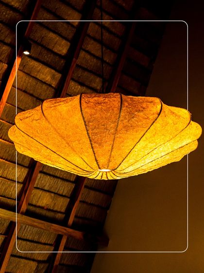 The unique, shell-shaped light fixture hanging from a thatched roof ceiling. This is an example of the small, artistic details we've added to make each space feel special.