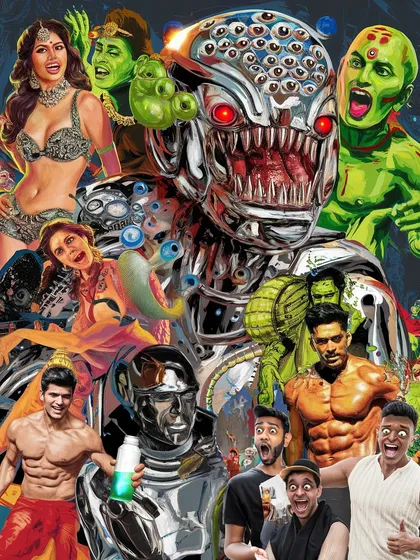 A chaotic collage of monstrous figures, B-movie actors, and cyborgs, titled 'Algorākshas'. This piece is a maximalist explosion of the different elements that inspire my work.