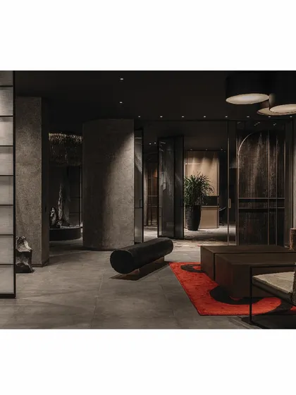 Another view of the living space vignette in the 'Frozen' store. The design uses a dramatic red rug to anchor the seating area, which includes a raw burnt log bench. This space is designed to showcase products in a context that is both aspirational and artistic.