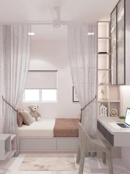 This 3D design concept illustrates a cozy and elegant room for a young girl. I used curtains to create a private bed nook with built-in storage drawers underneath, connecting it to a floating desk and shelving unit for a complete, multi-functional space.