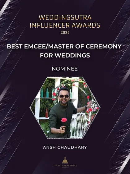 I am incredibly honored to be nominated by WeddingSutra for the 'Best Emcee/Master of Ceremony for Weddings' award. This is a testament to the trust over 2500 couples have placed in me to make their events extraordinary.