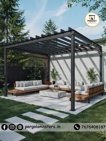 This image showcases the beautiful interplay of light and shadow created by a rafter pergola. The clean, geometric lines of the structure add a modern, architectural element to the garden landscape.