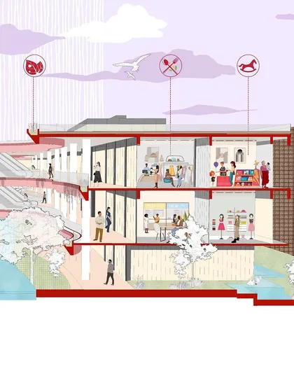 This sectional illustration of a retail plaza showcases our biophilic design approach. We integrate lush greenery, natural light, and open spaces to create a calming oasis in the heart of the city, reconnecting shoppers with nature.