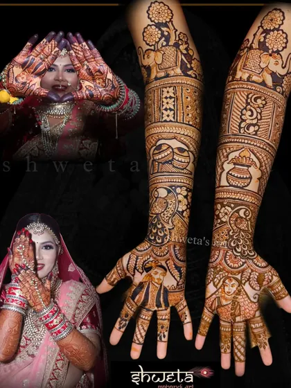 A collage celebrating a bride's complete mehendi look. It showcases her intricate figure work, the beautiful dark stain, and her joy on her special day.