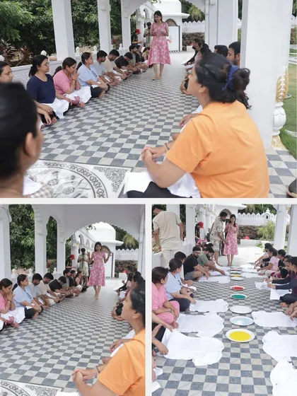 This collage shows scenes from an art therapy session at a healing retreat, from the initial setup to participants painting their emotions onto t-shirts. We create a serene and supportive environment for self-expression and mindfulness.