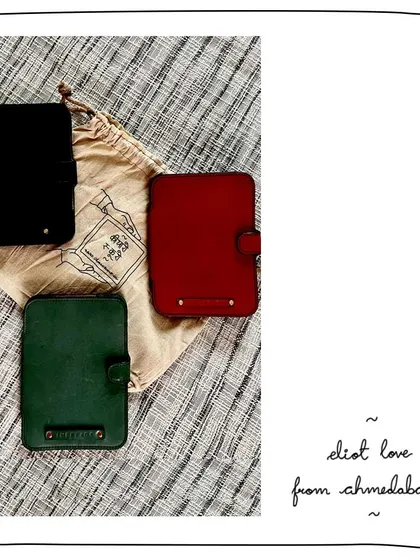A collection of Eliot wallets from our patron Kaajal, in Vintage Seaweed, Scarlet, and Ice leathers. It's lovely to see how our products last and are loved over the years.