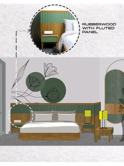 The design elevation for the master bedroom, showing the planned wall mural, fluted paneling, and custom furniture.