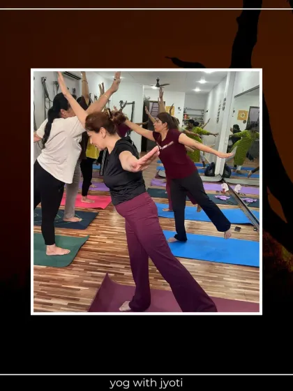 Another angle of our Warrior III practice, showcasing the concentration and effort of my students.