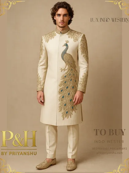 This is the centerpiece of my couture collection, an Indo-Western suit crafted from pure, lustrous silk. The design features a majestic peacock, meticulously hand-embroidered with fine threads, creating a wearable work of art that is both avant-garde and deeply rooted in Indian heritage.